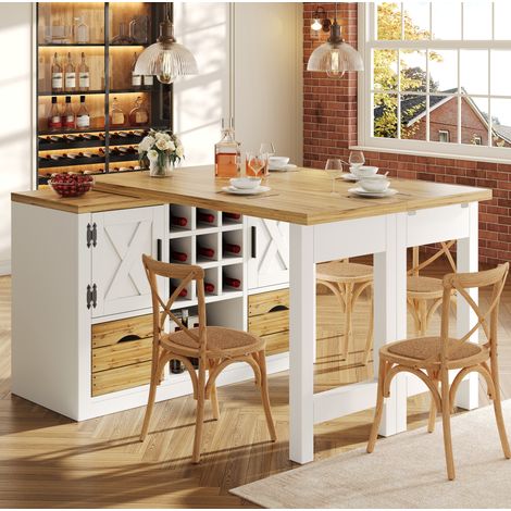 Ausziehbarer Kücheninseltisch 120-197 cm mit 360° drehbarem Sideboard, MDF Weiß (1/5)