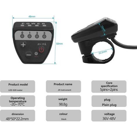 Panneau de Commande de Compteur LED G20 pour Vélo Électrique 36 V/48 V, Connecteur Étanche à 5 Broches (1/2)