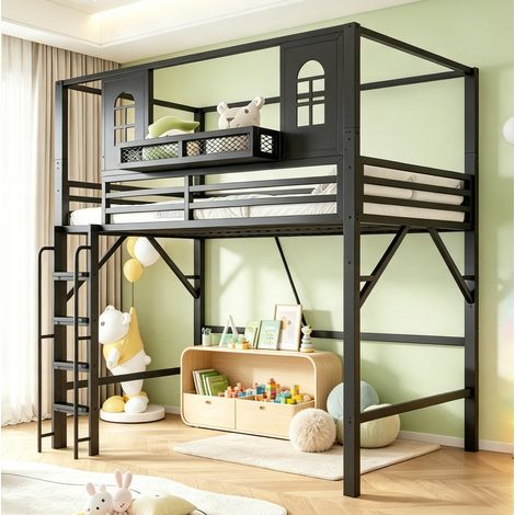Letto a soppalco per bambini 90 x 200 cm con tetto, scala, ripiano, metallo e MDF, nero (1/5)