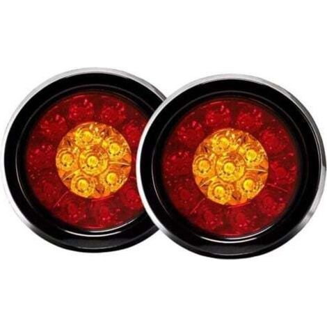 Set of 2 round 16 LED rear brake lights with black rubber eyelets for car, truck, trailer