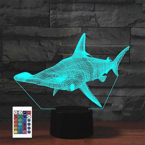 Veilleuse 3D Requin avec télécommande et 16 couleurs, illusion d'optique, lampe de chevet LED acrylique, décoration pour chambre d'enfant, cadeau d'anniversaire, jouet