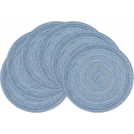Set de Table Rond Tressé Bleu, Lot de 6 Sets de Table Lavables Résistants à la Chaleur pour Cuisine, Table à Manger, 38cm (1/4)