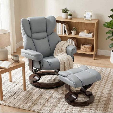Sillón relax giratorio con reposapiés, respaldo reclinable hasta 145°, PU gris claro HAVRYA (1/5)