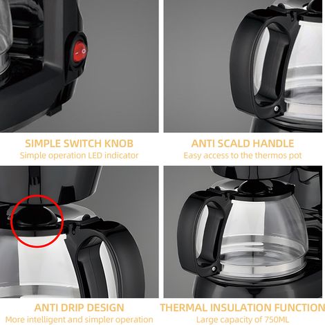 Ortviai Cafetière électrique à filtre 6 tasses SOKANY CM102, 650 W, carafe en verre borosilicaté 750 ml, noir (1/4)