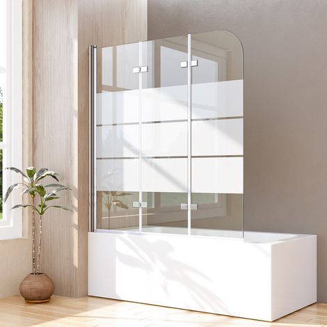 Duschwand für Badewanne 140x140 cm Badewannenaufsatz 3-teilig Duschtrennwand für Badewanne Duschwand Badewanne Faltwand Duschabtrennung Badewanne, 6mm ESG Glas mit Milchglas Streifen