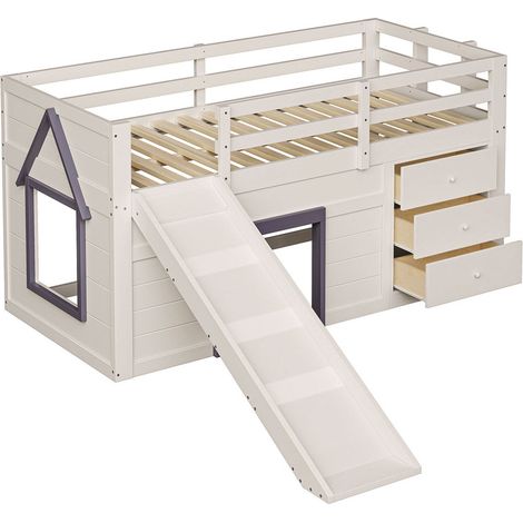 Lit mezzanine enfant 90 x 200cm - avec toboggan - 3 tiroirs et 2 portes - crème (sans matelas) (1/5)