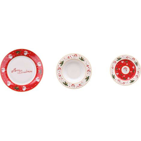 Regalo Italiano Servizio Piatti di Natale Porcellana 18 Pz Rosso Bianco