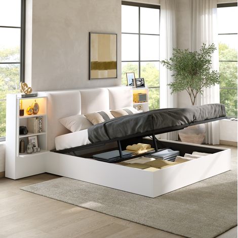 REDOM Cama con almacenaje 288x217.5x111 cm, cabecero tapizado, 6 compartimentos, LED, MDF y madera contrachapada, blanco (1/5)