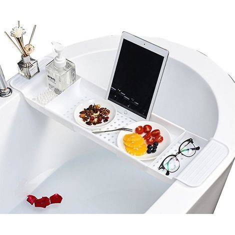 Étagère de bain télescopique réglable, plateau de baignoire extensible blanc, support de rangement pour baignoire (1/5)