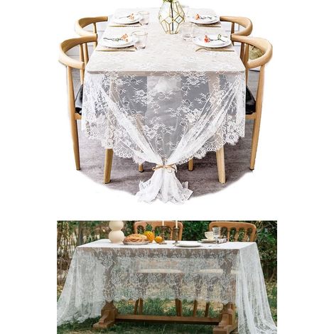 Tovaglia rettangolare in pizzo bianca 150 x 300 cm per un'elegante decorazione della tavola. (1/5)