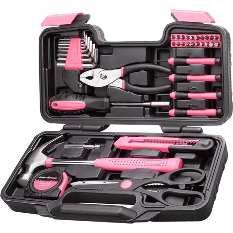 Coffret outils multifonctions 39 pièces – Pour réparation et entretien – Outils à main – Mallette plastique de rangement incluse,Rose (1/5)