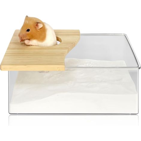 1 pièce Bain de sable pour hamster : boîte de bain en acrylique pour hamster avec demi-couverture en bois massif, toilettes pour hamster chinchilla, ours dorés, gerbiles (rectangulaire, 20 x 15 (1/5)