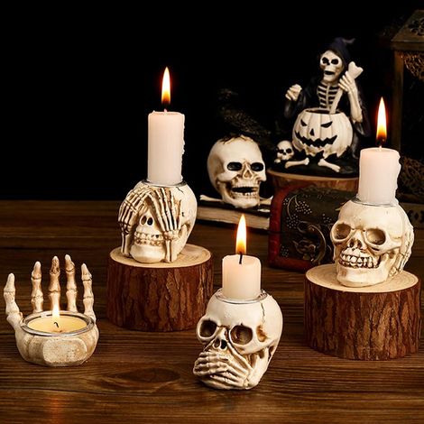 Lot de 4 bougeoirs d'Halloween en résine avec squelette gothique et tête de mort pour décoration de table à thème effrayant (1/5)