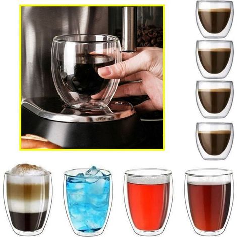 SERVICE A CAFE - HAOPYOU - Coffret de 8 Tasses en Verre - 4x80ml et 4x250ml - Double Paroi - Design Contemporain Mul SERVICE A CAFE (1/4)