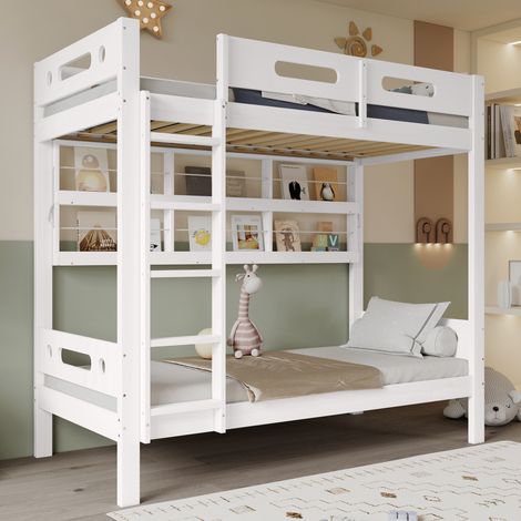 Letto a castello bambini 90x200 cm con porta di sicurezza, ripiani aperti e scala, senza materasso, bianco (1/5)