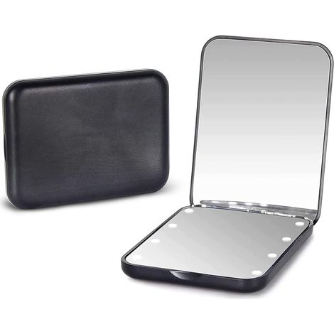 Miroir à main, miroir de maquillage de voyage LED compact avec grossissement 1x/3x, éclairage, double face, portable, pliable, miroir à main, petit miroir cadeau avec éclairage, noir. (1/5)