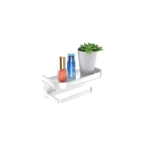 Aluminium-Toilettenpapierhalter ohne Bohren, Rollenhalter mit geräumigen Ablagen, selbstklebende Rückseite (Weiß) - Crezuo