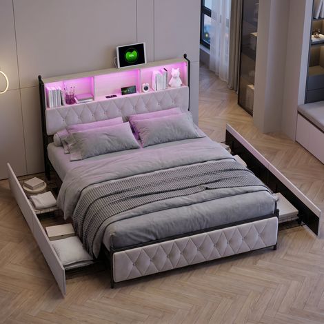 Polsterbett 160x200 cm, Doppelbett mit LED-Beleuchtung und USB, Modernes Jugendbett mit Stauraum, Bettgestell mit Kopfteil und Lattenrost, Velour Beige, Ohne Matratze