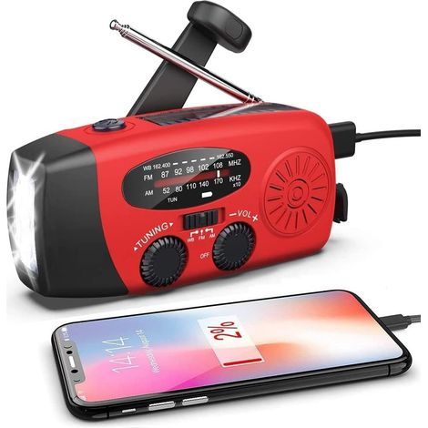 Radio de emergencia con manivela, radio meteorológica con energía solar, linterna LED/WB/AM/FM, batería de 2000 mAh, carga USB, apta para uso en exteriores. (1/5)