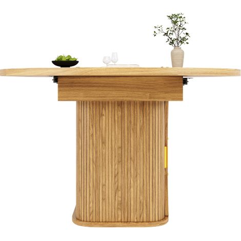 Table de salle à manger extensible avec rangement (118–158 cm), dotée de tiroirs avec façades en rotin et d'un plateau en MDF finition effet bois  disponible en noir, bois naturel ou marron. (1/5)