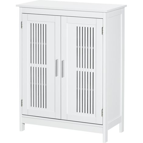 Meuble salle de bain, armoire salle de bain sur pied à 3 niveaux, double porte et étagère réglable, 60x30x80cm, blanc