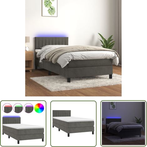 The Living Store Sommier à lattes de lit et matelas et LED Gris foncé 90x200cm - Lit Plateforme - Lit Capitonné - Lit Design - Lit Velours - Lit Avec Rangement (1/5)