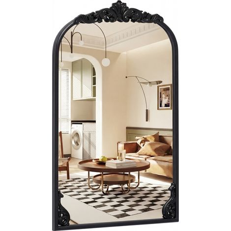Miroir Mural Arqué Vintage, Miroir Baroque Antique Orné Noir avec Cadre Métallique, Décoration Intérieure pour Salon, Salle de Bain, 76 cm x 51 cm