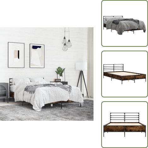Bettgestell Räuchereiche 140x200 cm Holzwerkstoff und Metall - Holzbettfassungen - Doppelbett Gestell - Bettrahmen - Massivholzbette - Eiche Möbel (1/5)