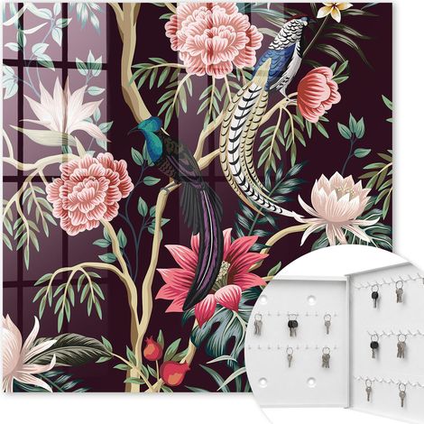 Armoire à clés - (30 cm x 30 cm) - Boîte à clés murale - Coffret de rangement pour clés - Couleur blanche - Ouverture vers la droite - Pour maison et bureau - Fleurs et oiseaux