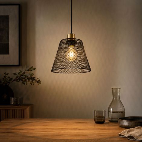 Suspension LED, lampe de salle à manger, structure grillagée en métal noir, H 120 cm (1/5)
