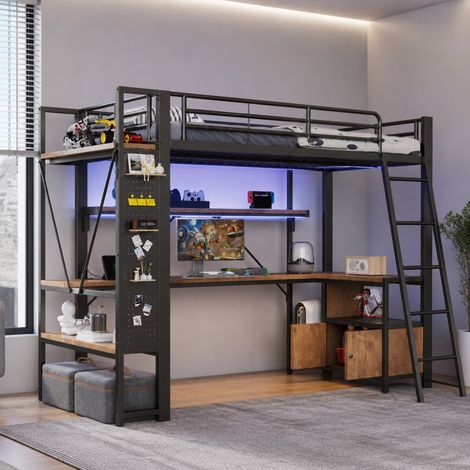 Hochbett 90x200 cm Schwarz aus Metall und MDF mit LED, Schreibtisch, Stauraum und USB-Anschluss (1/5)