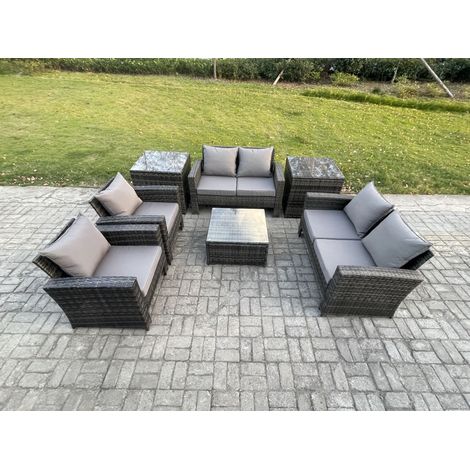 Fimous Rattan Garden Furniture Set Patio Outdoor Lounge Sofa Set with Square Coffee Table Double Seat Sofa 2 Side Tables Dark Grey Mixed (1/5)
