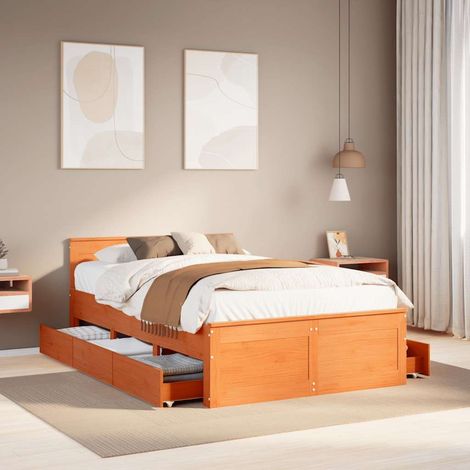 Cama con cabecero sin colchón madera maciza marrón 135x190 cm vidaXL (1/5)