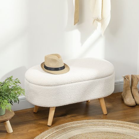 Banc de rangement avec couvercle, repose-pieds pour entrée, salon, chambre, bois, revêtement en tissu, blanc