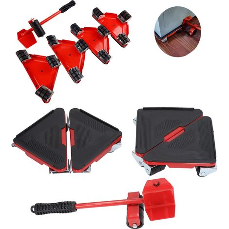 Ensemble de 5 outils de déménagement triangulaires en fer avec roues universelles, texture aléatoire, rouge. (1/5)
