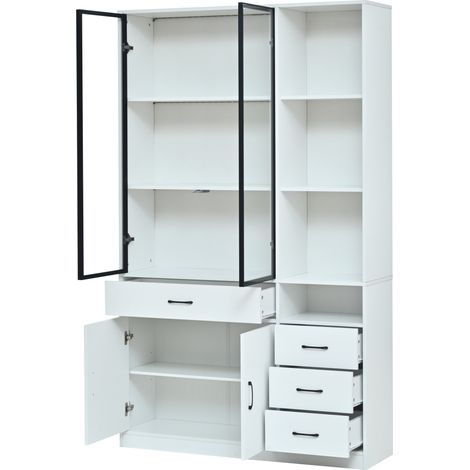 Vetrina alta con porte in vetro e LED 120x35x200 cm bianca con 4 cassetti e 13 vani (1/5)