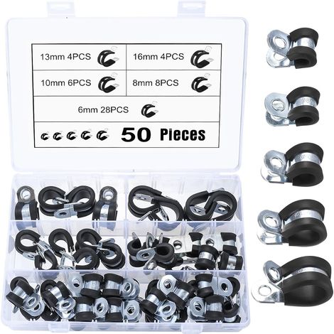 50 Stück Kabelklemme, Gummi Gefüttert P Clips, Schlauchschellen, Typ P Drahtklemmen, R-Typ Kabelschellen, P-Klammer Kit, Rohrschellen, Befestigungsschelle, 6mm 8mm 10mm 13mm 16mm, Schwarz (1/5)