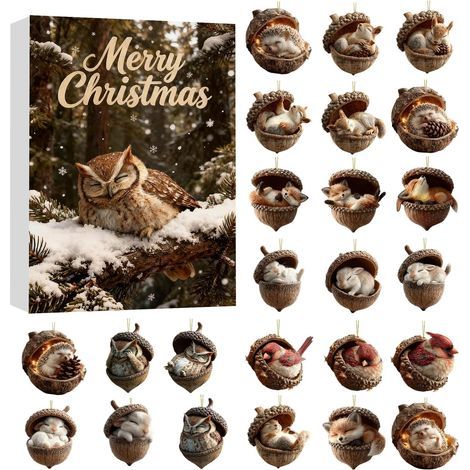 Calendrier de compte à rebours - 2D plats en forme de gland - Compte à rebours jusqu'à Noël avec ornements d'animaux - Pour salon, entrée, fenêtre, chambre à coucher, cuisine, porte, cheminée (1/5)