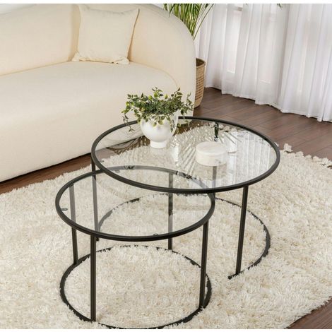 Table gigogne en verre - cadre noir (lot de 2) ⌀80 cm TULUM (1/5)