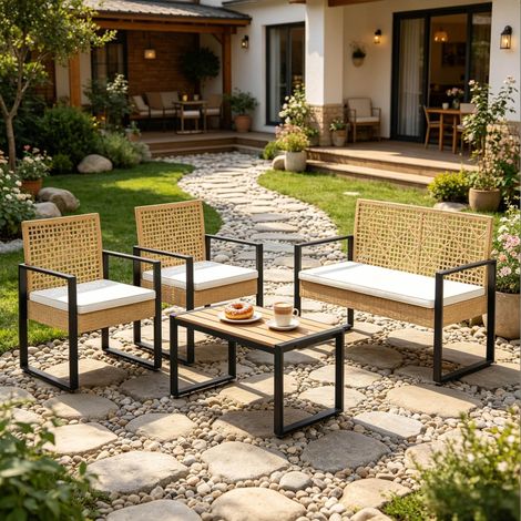 Salotto da giardino modulare 4 pezzi in metallo, rattan PE e tessuto, colore naturale HAVRYA (1/5)