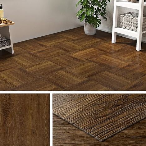 Brown Wood Effect PVC Tile 30 x 30 cm Lino Floor Adhesive Parquet Effect Adhesive Floors Bathroom Waterproof Adhesive Tiles PVC Floors Lino Bedroom Kitchen Dark Wood 4 Tiles (1/5)