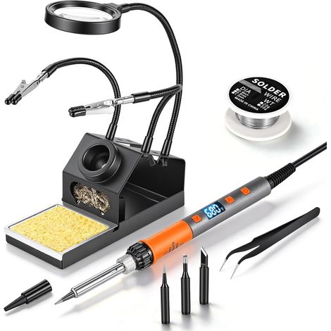Kit de fer à souder numérique LCD haute puissance 100 W, outil de soudure à chauffage rapide avec loupe et mains aidantes, pointes de fer, fil à souder, pince à épiler, mode veille automatique (1/5)