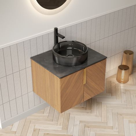 Hängender Badmöbel 61 cm mit schwarzem Glaswaschbecken, Steinplatte und 2 Türen (1/5)