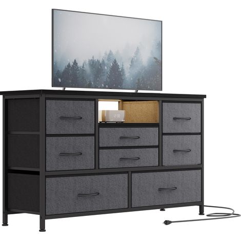 GARVEE -Commode 8 Tiroirs en Tissu pour TV 55'' avec Prises USB et LED, Meuble de Rangement Multi-fonctions pour Chambre/Salon, 140x40x82cm(Gris) (1/5)