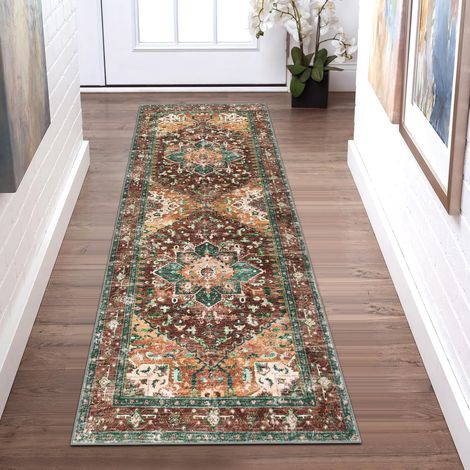 Waschbarer Flurläufer, 60×180 cm, Retro-Boho-Stil, rutschfest, Gummirücken, fleckenabweisende Antik-Optik, geeignet für Schlafzimmer, Küchen, Waschküchen und Eingangsbereiche. (1/4)
