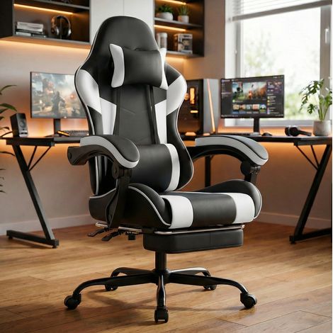 Fauteuil gaming ergonomique inclinable PVC noir blanc OKMYHOME (1/3)