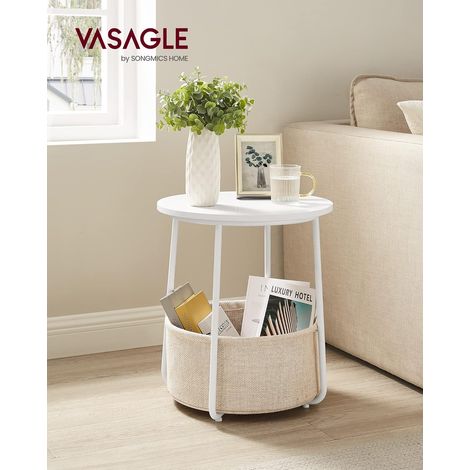 Vasagle – Table basse ronde 45x50cm – Panier en tissu – Design moderne blanc et beige – Stable avec pieds en U en acier – LET223W10