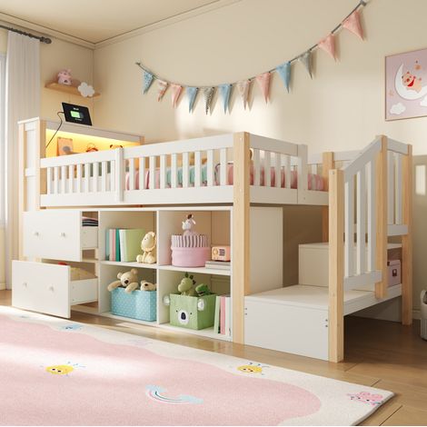 Letto bambino rialzato 90x200 cm con LED, USB e USB-C, contenitori, scala-armadio, pino e MDF - naturale (1/5)