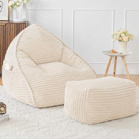 Pouf Géant Adulte avec Repose-Pieds, Fauteuil Pouf XXL Tissu Flanelle Ultra Doux, Rembourrage en Mousse Haute Densité, Sans Armature, pour Salon, Chambre et Bureau, Beige (1/5)