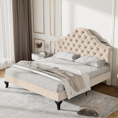 MEUBLIV Lit capitonné 140 x 190 cm avec sommier à lattes et tête de lit réglable en hauteur en velours blanc pour chambre adulte et ado (1/5)